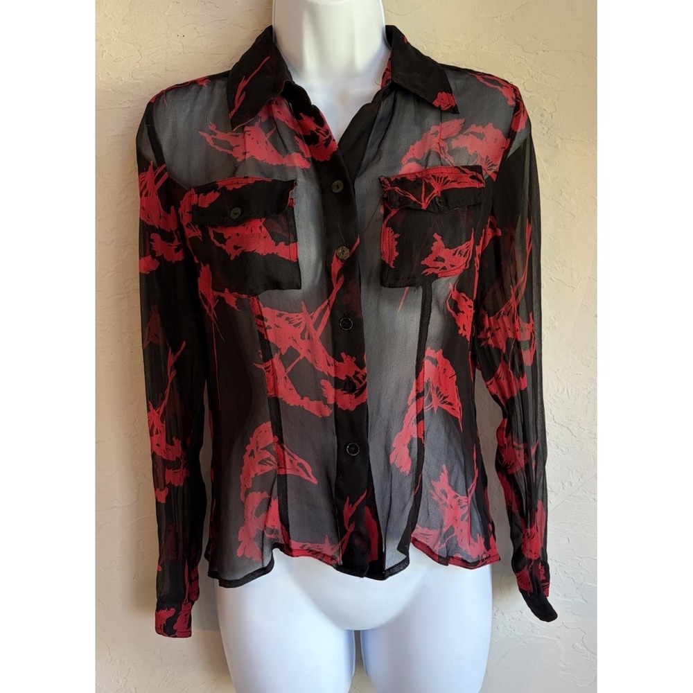 Vintage 90s Y2K WDNY 100% Silk Sheer Button Up Top S Red Black Gothic Whimsigoth